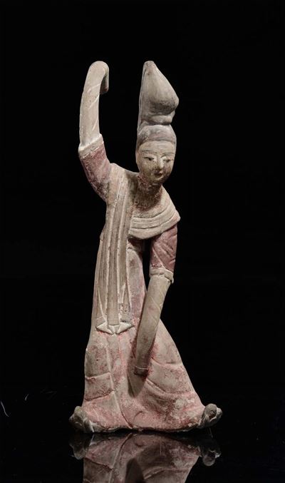 Ballerina in Terracotta Dipinta, Cina, Dinastia Tang (618-906)