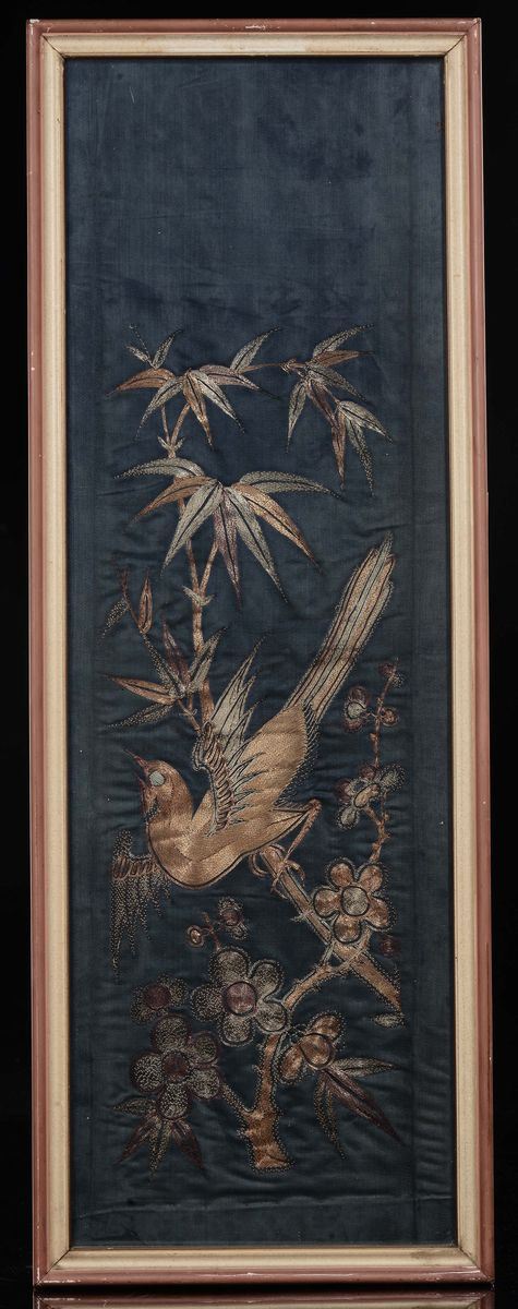 Three framed clothes blue, green and pink-ground embroidered with naturalistic decoration, China, Qing Dynasty, 19th century