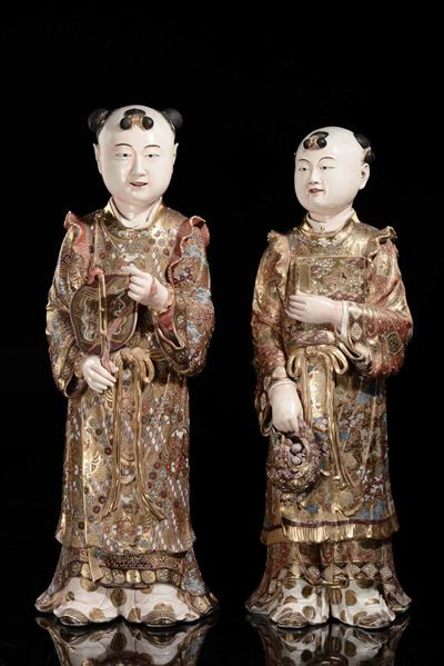 Coppia di Fanciulli in Porcellana Satsuma, Giappone, XIX Secolo