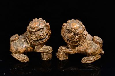 Coppia di Cani di Pho in Porcellana a Smalto Ocra, Cina, Dinastia Qing, XIX Secolo
