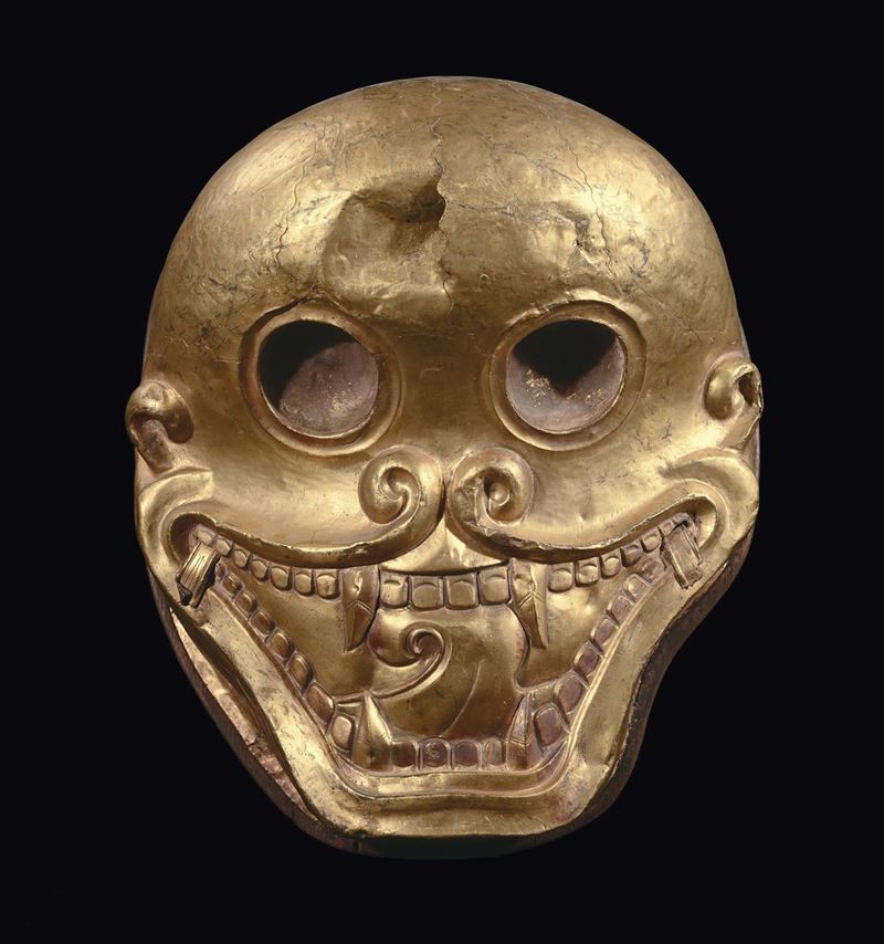 A large gilt and embossed copper ritual mask, Tibet, 18th century  - Auction Fine Chinese Works of Art - II - Cambi Casa d'Aste