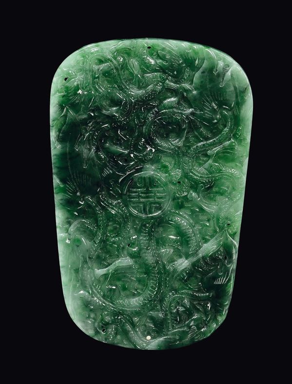 A jadeite plate with flowers in relief, China, Republic, 20th century