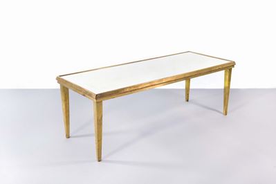 Tavolo Basso in Ottone Lucido e Piano in Vetro Specchiato