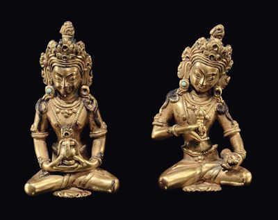 Bronzo dorato, Coppia di figure di Tara, Tibet, Dinastia Qing, XVIII secolo