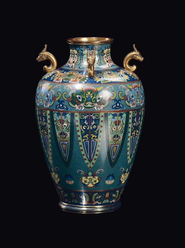 A cloisonné vase with animal faces and geometric archaic style decoration with golden relief fantastic animals, China, Qing Dynasty, 19th century