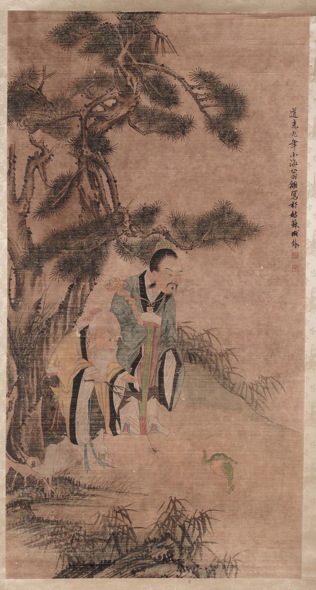 Dipinto su carta raffigurante due saggi e un rospo con iscrizione, Cina, Dinastia Qing, XIX secolo  - Asta Fine Chinese Works of Art - II - Cambi Casa d'Aste