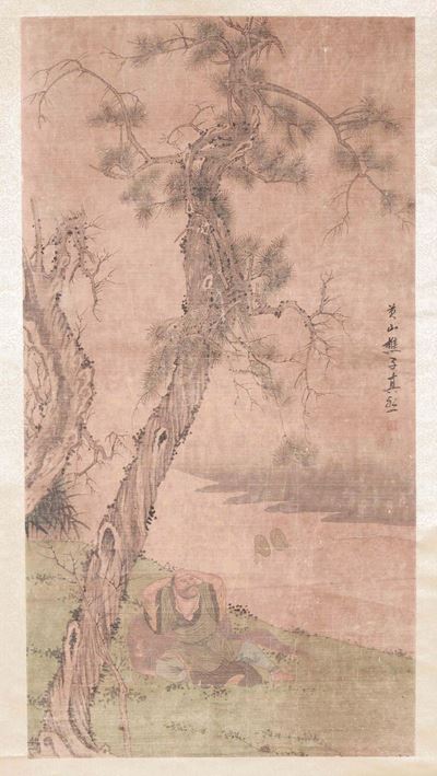 Dipinto su Carta Raffigurante Saggio sulle Sponde di un Fiume con Iscrizione, Cina, Dinastia Qing...