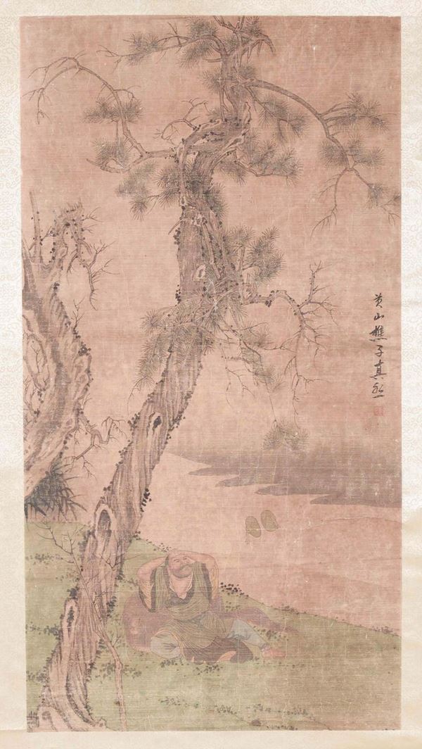 Dipinto su carta raffigurante saggio sulle sponde di un fiume con iscrizione, Cina, Dinastia Qing, XIX secolo