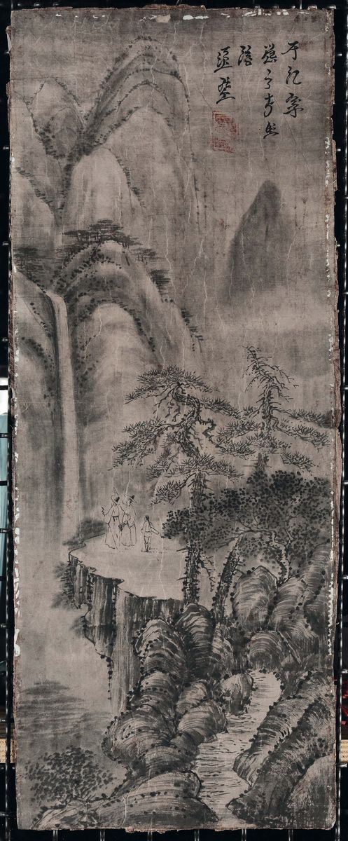 Cinque scroll dipinti ad inchiostro su seta raffiguranti peaseggi montani con figure ed iscrizioni, Cina, Dinastia Qing, XVIII-XIX secolo