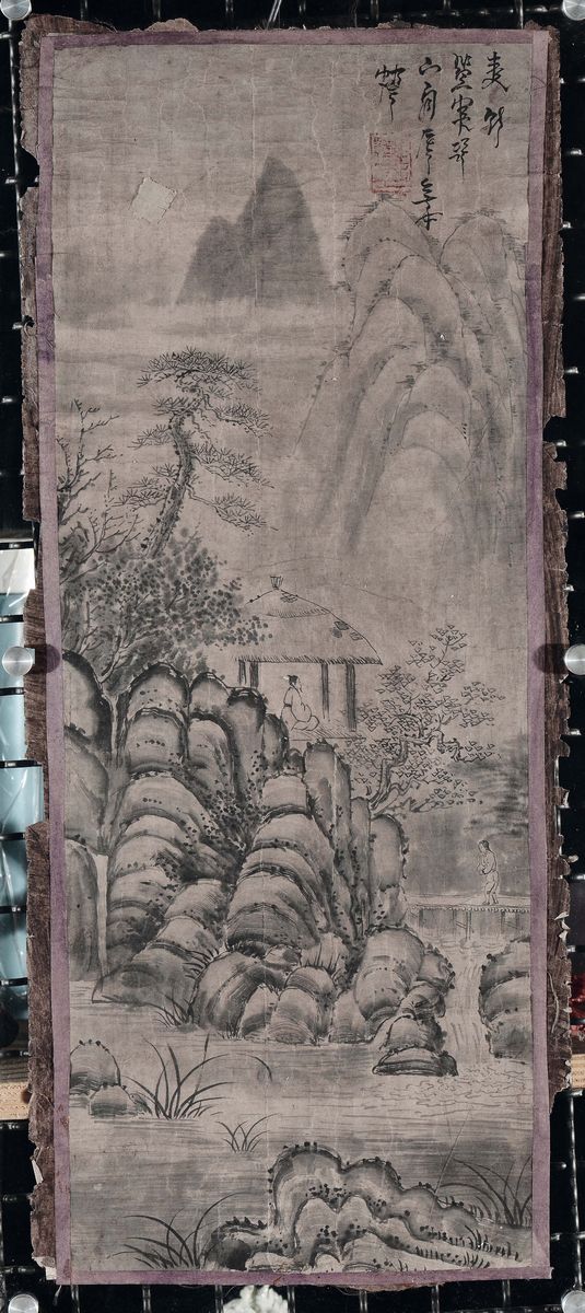 Cinque Scroll Dipinti Ad Inchiostro su Seta Raffiguranti Peaseggi Montani con Figure ed Iscrizion...