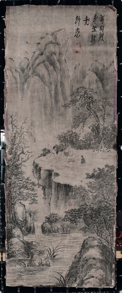 Cinque Scroll Dipinti Ad Inchiostro su Seta Raffiguranti Peaseggi Montani con Figure ed Iscrizion...