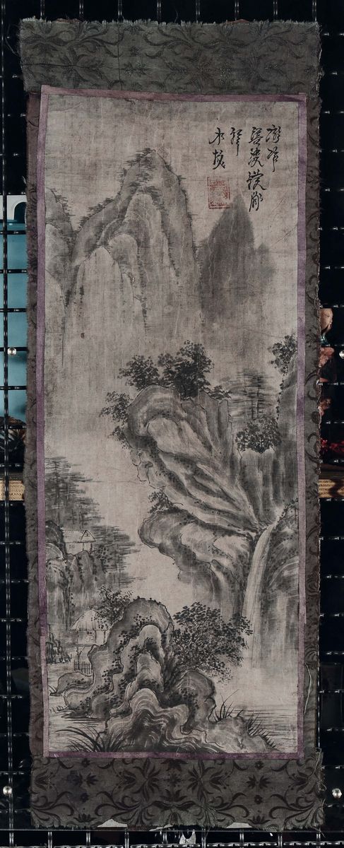 Cinque Scroll Dipinti Ad Inchiostro su Seta Raffiguranti Peaseggi Montani con Figure ed Iscrizion...