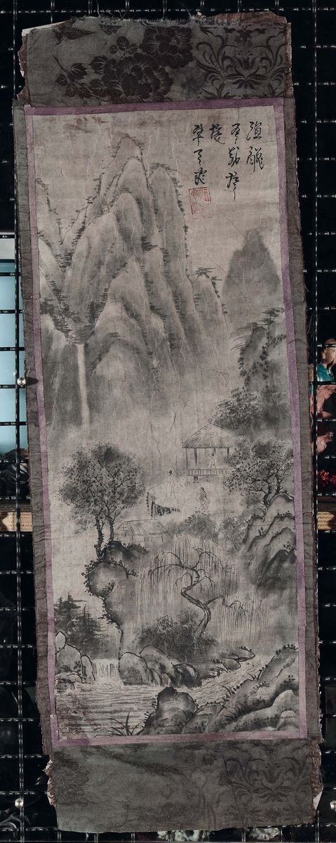 Cinque Scroll Dipinti Ad Inchiostro su Seta Raffiguranti Peaseggi Montani con Figure ed Iscrizion...