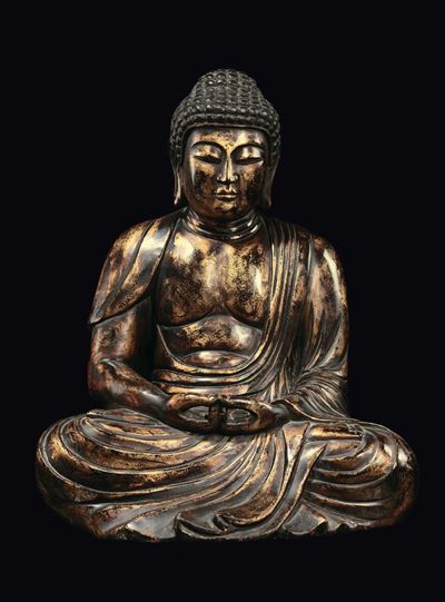 Figura di Buddha in Legno Laccato e Dorato, Corea, Dinastia Choson, XVIII/XIX Secolo