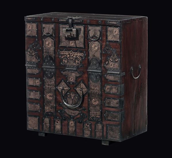 A wooden temple cabinet with iron studs, Korea, 19th century