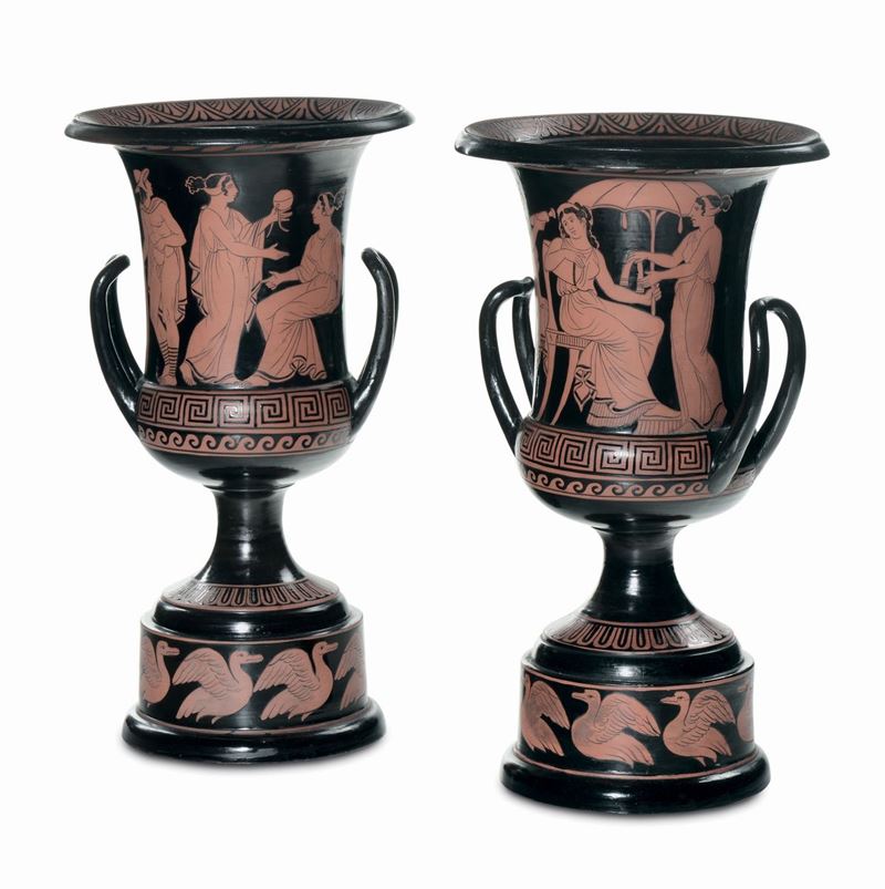 Coppia di vasi a cratere in maiolica con decori ad imitazione classica, Napoli, XIX-XX secolo  - Auction Antique and Old Masters - I - Cambi Casa d'Aste