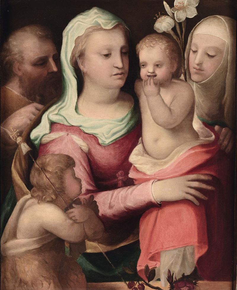 Scuola Toscana del XVI secolo Sacra Famiglia con Santa Chiara e San Giovannino  - Asta Antiquariato e Dipinti Antichi - I - Cambi Casa d'Aste