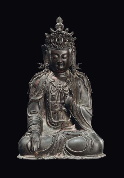 Guanyin, Grande figura in bronzo incoronata, Cina, Dinastia Ming, XVII secolo