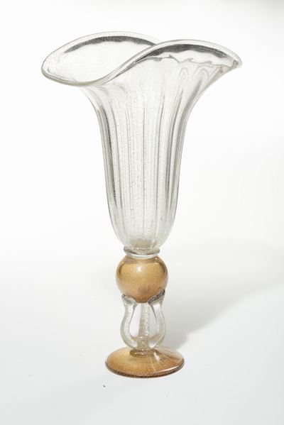 Grande Vaso in Vetro Incolore e Dorato, Murano, Prima Metà XX Secolo
