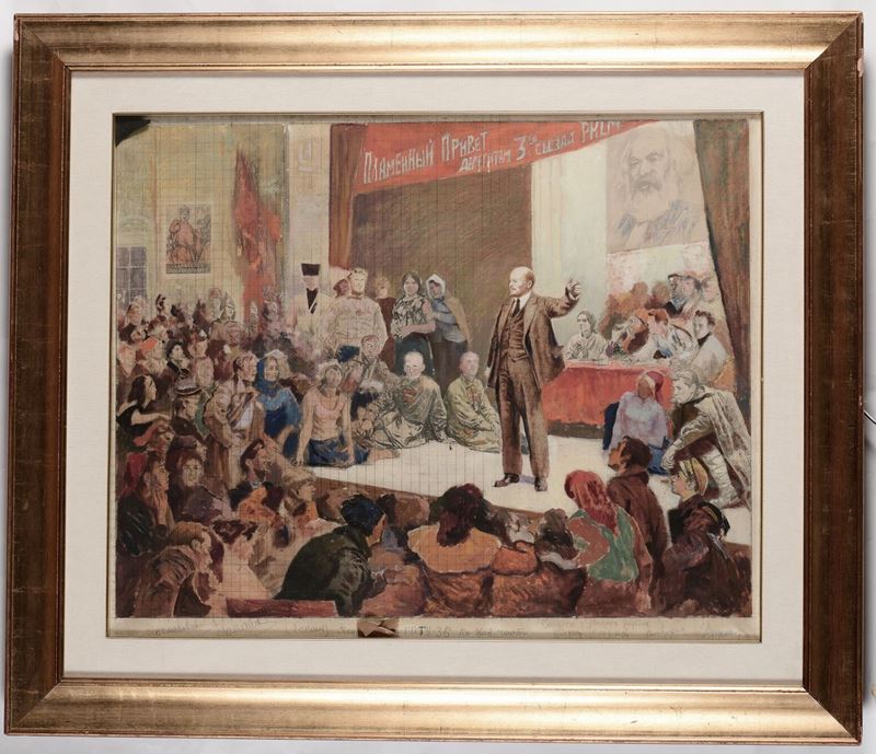 Anonimo Russo del XX secolo Scena di comizio presieduto da Lenin  - Auction Antique and Old Masters - I - Cambi Casa d'Aste