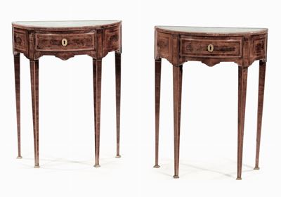 Coppia di Piccole Console a Demi Lune in Ebano Viola e Altri Legni, Sicilia Seconda Meta XIX Seco...