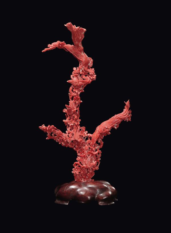 A carved coral with peach flowers and birds, China, Qing Dynasty, late 19th century