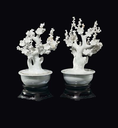 Coppia di Alberelli in Porcellana Blanc De Chine, Cina, Dinastia Qing, Fine XVIII Secolo