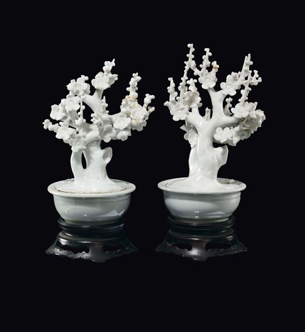 A pair of Blanc de Chine porcelain small trees, China, Qing Dynasty, end of 18th century