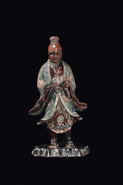 Figura di Dignitario in Bronzo e Rame con Smalti Cloisonné, Giappone, XIX Secolo