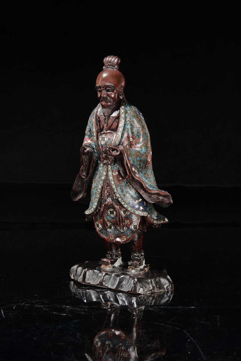 Figura di Dignitario in Bronzo e Rame con Smalti Cloisonné, Giappone, XIX Secolo
