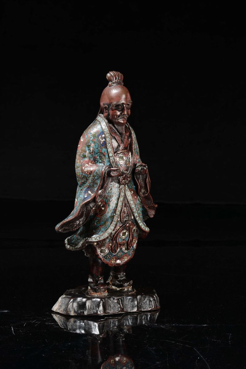 Figura di Dignitario in Bronzo e Rame con Smalti Cloisonné, Giappone, XIX Secolo