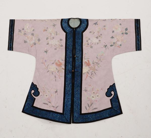 A pink-ground silk dress with flowers and butterflies, China, Qing Dynasty, 19th century