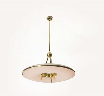 Lampada a Sospensione in Ottone Lucido con Diffusore in Vetro Opalino