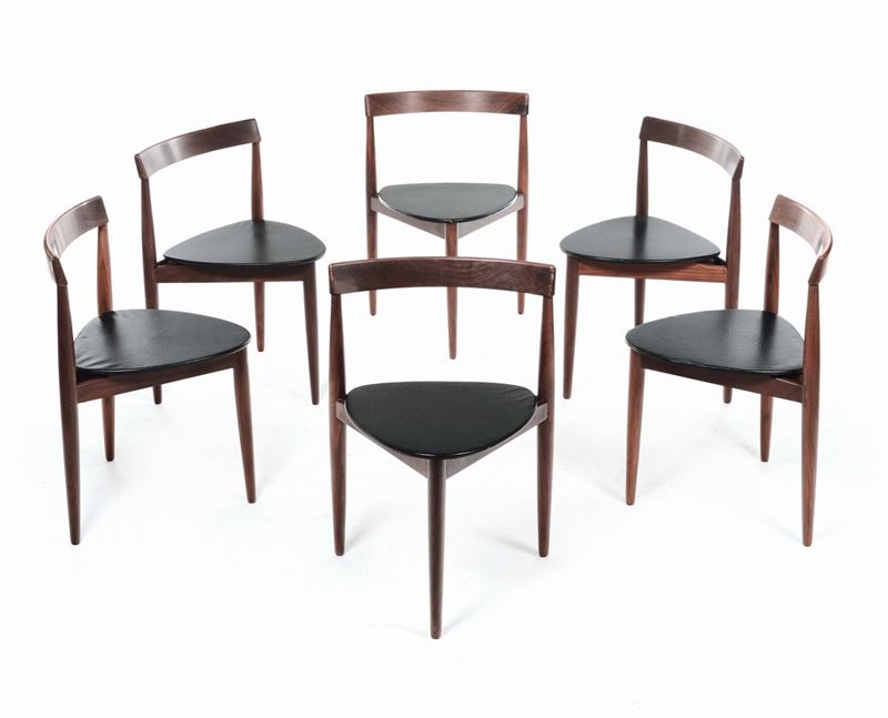 Sei sedie a tre gambe in legno e pelle  - Auction Design - II - Cambi Casa d'Aste