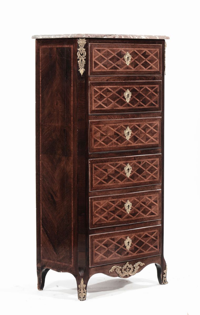 Cassettiera lastronata ed intarsiata marquetterie, fine XIX secolo  - Asta Antiquariato e Dipinti Antichi - I - Cambi Casa d'Aste