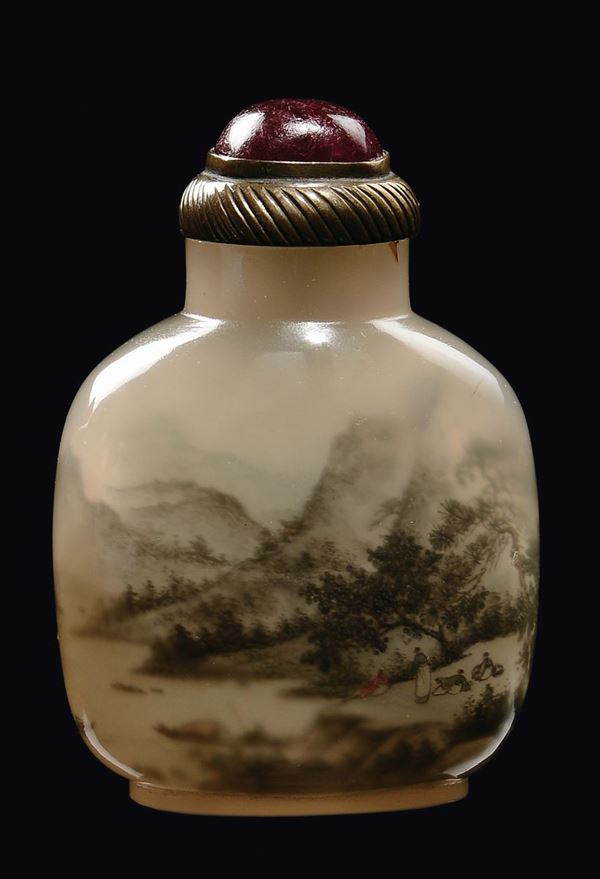Snuff bottle in agata con paesaggio, Cina, Dinastia Qing, XIX secolo