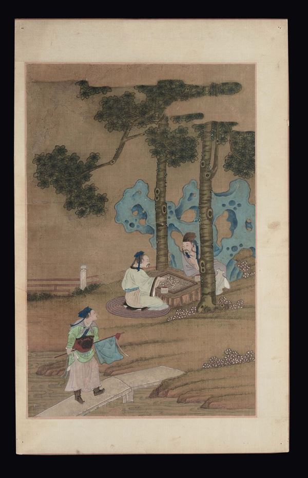 Coppia di dipinti su seta raffiguranti dignitari entro paesaggio, Cina, Dinastia Ming, XVII secolo