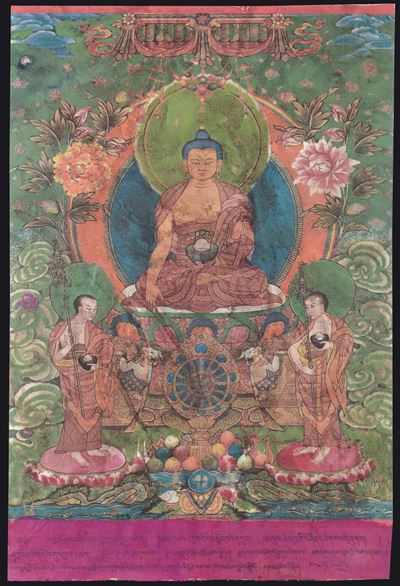 Tanka a Fondo Verde con Buddha Centrale e Scritta in Sanscrito, Tibet, XIX Secolo