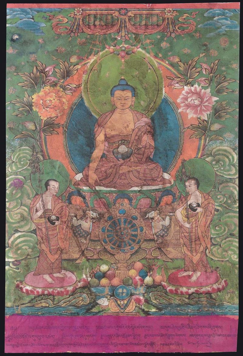 Tanka a fondo verde con Buddha centrale e scritta in sanscrito, Tibet, XIX secolo  - Asta Fine Chinese Works of Art - II - Cambi Casa d'Aste