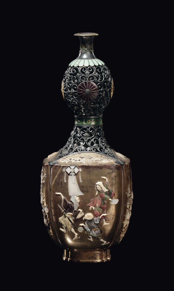 A filigree vase with mother-of-pearl inlays depicting figures, flowers and birds, Japan, Meiji Period, late 19th century