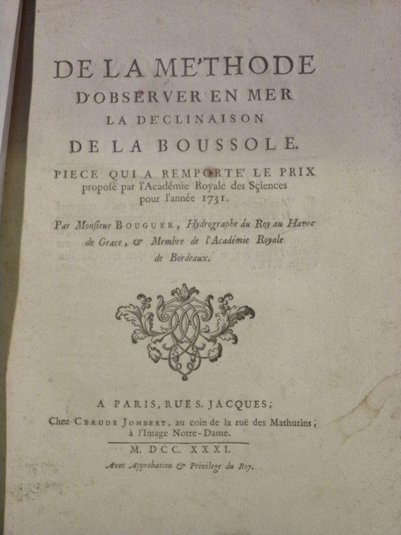 Pierre Bouguer De la methode d'observer en mer la declinaison de la boussole..  - Auction Old and Rare Manuscripts and Books - Cambi Casa d'Aste