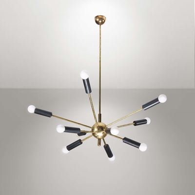 Lampadario in Ottone Zapponato e Alluminio Laccato Nero Opaco