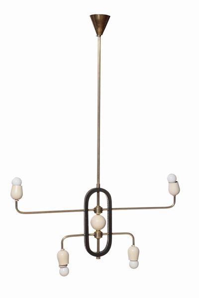 Lampadario in Ottone Zapponato, Legno e Alluminio Laccato Bianco