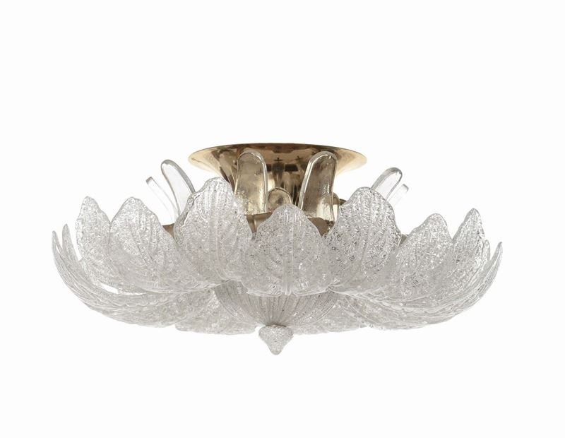 Lampadario con foglie in vetro rugiadoso lavorate a caldo  - Asta Design - IV - Cambi Casa d'Aste