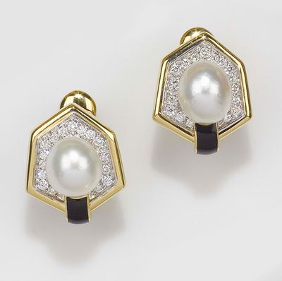 Orecchini con Perla, Diamanti e Smalto