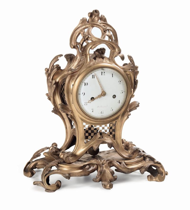 Pendola da tavolo in bronzo dorato, S. Bourdier, Francia XVIII-XIX secolo  - Auction Antique and Old Masters - I - Cambi Casa d'Aste