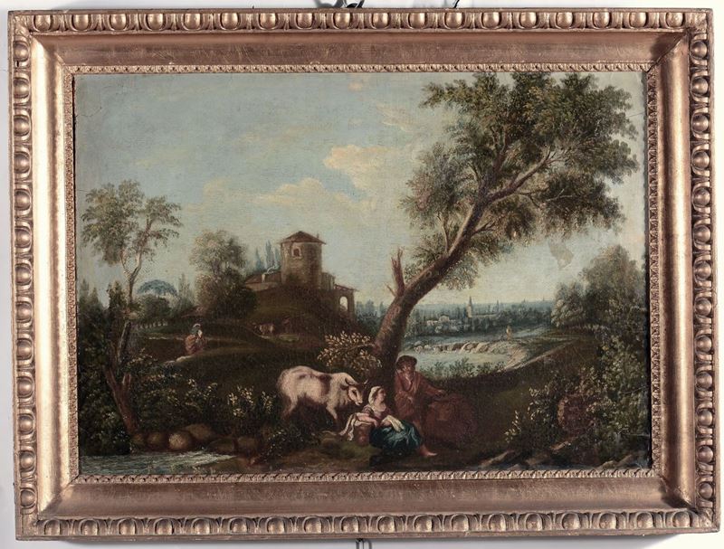 Scuola del XVIII-XIX secolo Paesaggio con figure e animali  - Asta Antiquariato e Dipinti Antichi - I - Cambi Casa d'Aste