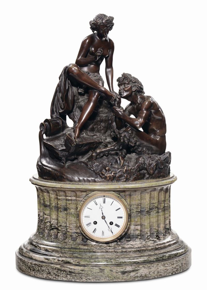 Grande orologio in bronzo patinato, Francia XIX secolo  - Asta Arredi dalle dimore degli eredi Ercole Marelli e altre provenienze - Cambi Casa d'Aste
