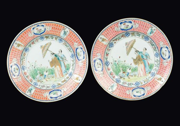 A pair of Famille-Rose dishes Dame au parasol from a drawing by Cornelis Pronck 1740 circa, China, Qing Dynasty, Qianlong period (1736-1796)