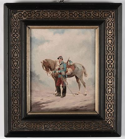 Dipinto Firmato Joannes Detaillesoldato con Cavallo
